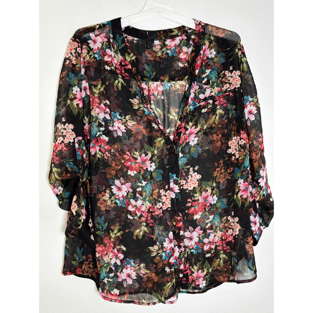 KUT from the Kloth Floral Button Down Blouse Black Sheer Chiffon XL Roll Tab